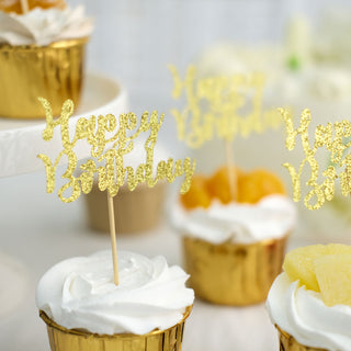 Add a Touch of Glamour to Your Celebration with Glitter Gold Happy Birthday Cupcake Toppers