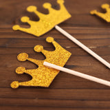 24 Pack | 5inch Gold Glitter Crown Cupcake Toppers, Royal Party Cake Picks