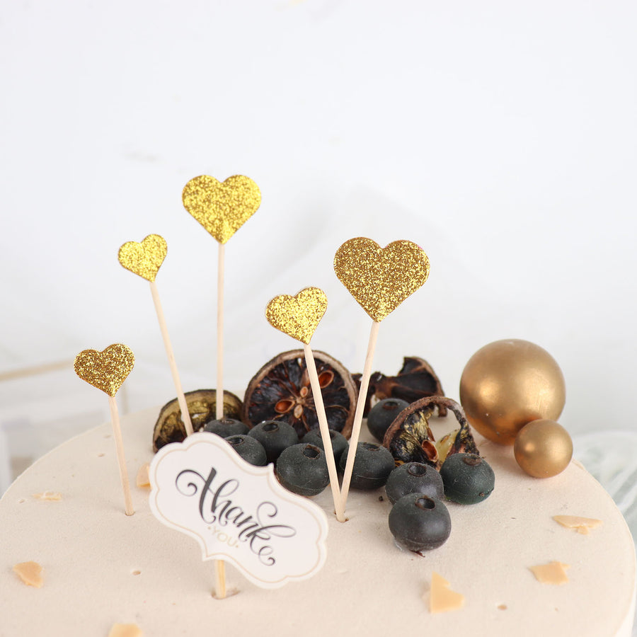 24 Pack | Gold Glitter Heart Shaped Cupcake Toppers, Party Cake Picks
