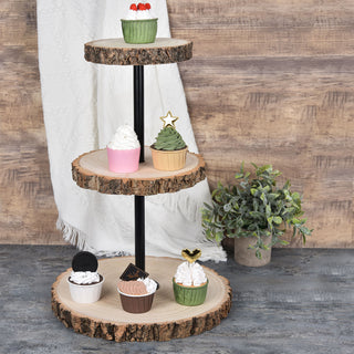 Enhance Your Event Decor with the 19" 3-Tier Tower Natural Wood Slice Cheese Board Cupcake Stand
