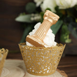 25 Pack | Gold Lace Laser Cut Paper Cupcake Wrappers, Muffin Baking Cup Trays