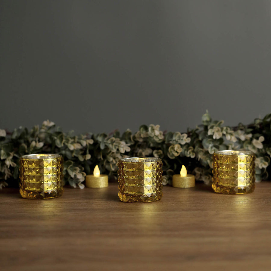 6 Pack | 3" Studded Gold Mercury Glass Votive Holders, Faceted Tealight Candle Holders