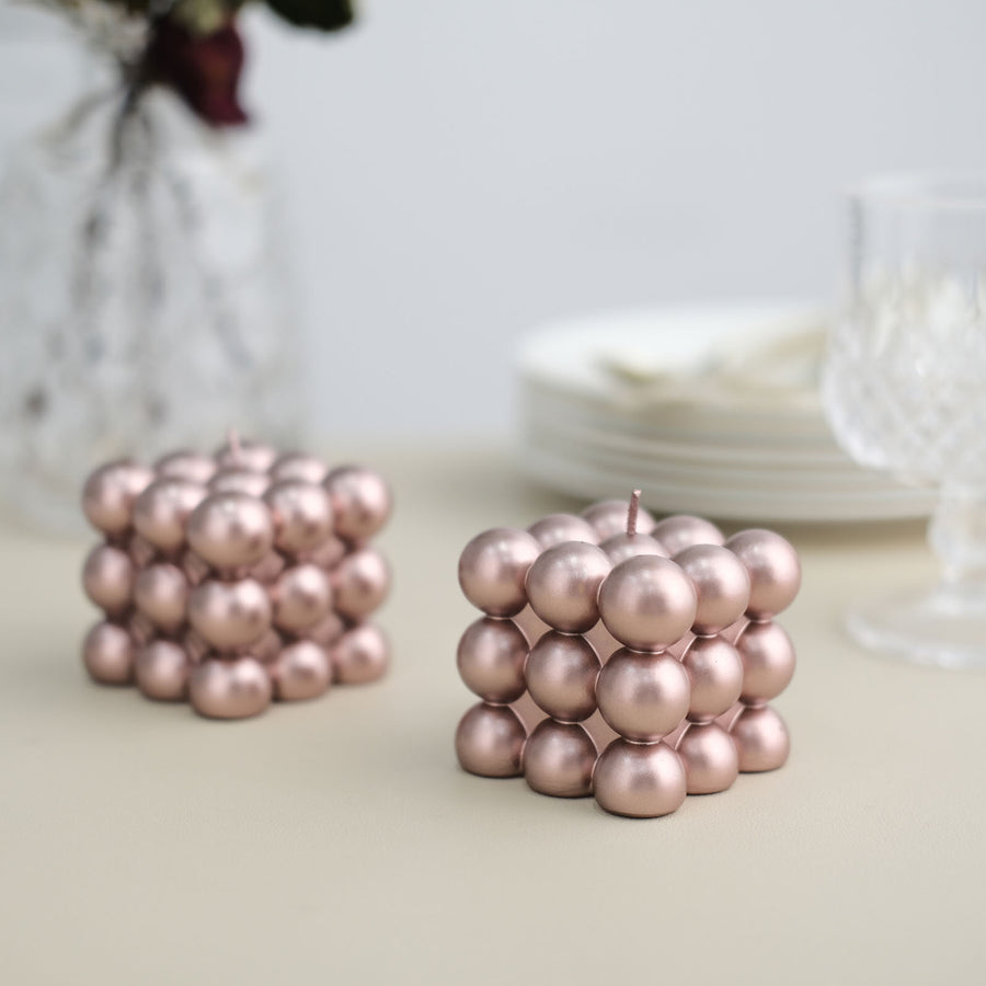 Metallic Rose Gold Bubble Cube Long Burning Paraffin Wax Candle Set, Unscented Pillar Candle Gift
