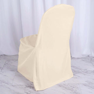 Make Your Occasion Unforgettable with our Beige Polyester Banquet Chair Cover Make Your Occasion Unforgettable with our Beige Polyester Banquet Chair Cover