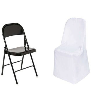 Black folding chair and white chair cover on a plain background.