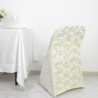 Elegant Ivory Satin Rosette Spandex Stretch Fitted Folding Chair Cover
