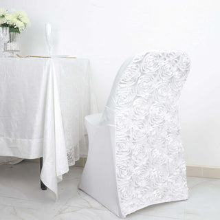 White chair with rose design, elegantly placed near a dining table.