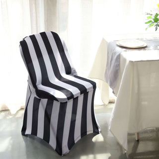 Black and white striped chair cover in a bright dining setting.