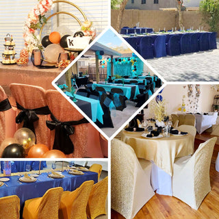 Elegant event table settings with decorative chair covers and festive decor.