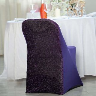 Purple glitter chair cover for elegant dining setups.