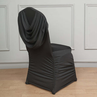 Add Elegance to Your Event with the Black Ruched Swag Back Spandex Fitted Banquet Chair Cover Add Elegance to Your Event with the Black Ruched Swag Back Spandex Fitted Banquet Chair Cover