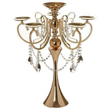 27 inch Gold Metal 5 Arm Candelabra Votive Candle Holder With Hanging Crystal Drops#whtbkgd