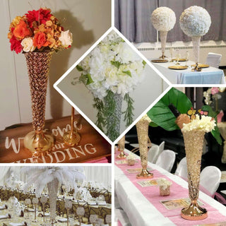 Elevate Your Event Decor with the Gold 22” Tall Crystal Beaded Trumpet Vase Set Elevate Your Event Decor with the Gold 22” Tall Crystal Beaded Trumpet Vase Set