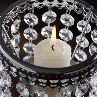 Enhance Your Table Decorations with the 8" Silver Crystal Beaded Chandelier Votive Pillar Candle Holder