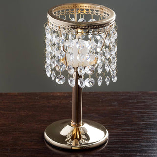 Add Elegance to Your Table with the 8" Gold Crystal Beaded Chandelier Votive Pillar Candle Holder