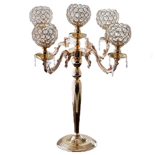 Create a Magical Atmosphere with the 25" Tall 5 Arm Gold Crystal Beaded Globe Metal Candelabra Candle Holder