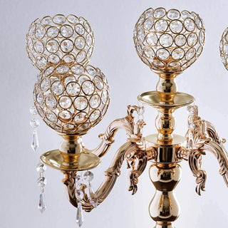 Enhance Your Table Decor with the 25" Tall 5 Arm Gold Crystal Beaded Globe Metal Candelabra Candle Holder Enhance Your Table Decor with the 25" Tall 5 Arm Gold Crystal Beaded Globe Metal Candelabra Candle Holder
