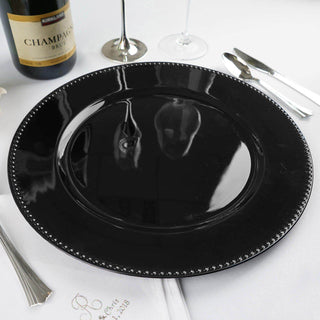 Add Elegance to Your Table with the 6 Pack 13" Beaded Black Acrylic Charger Plate Add Elegance to Your Table with the 6 Pack 13" Beaded Black Acrylic Charger Plate