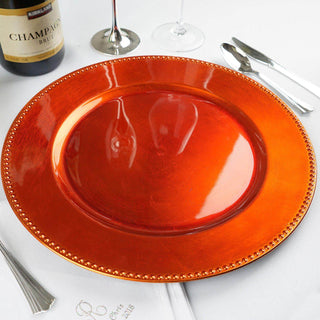 Add Elegance to Your Table with the 6 Pack 13" Beaded Orange Acrylic Charger Plate Add Elegance to Your Table with the 6 Pack 13" Beaded Orange Acrylic Charger Plate