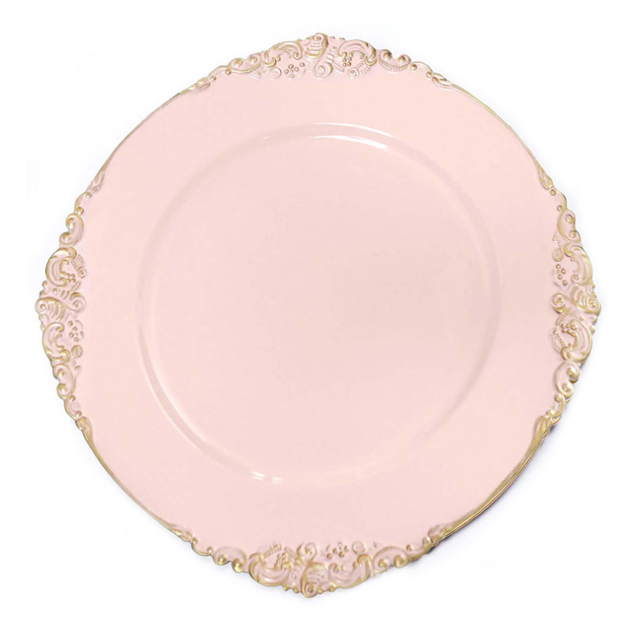 6 Pack | 13inch Blush Gold Embossed Baroque Round Charger Plates With Antique Design Rim#whtbkgd