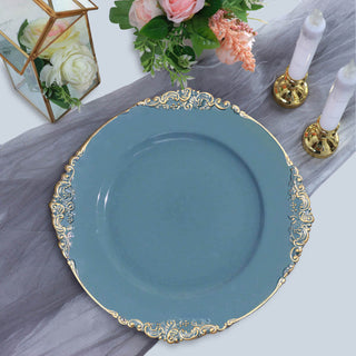 Elevate Your Table Settings with Dusty Blue Gold Embossed Baroque Round Charger Plates