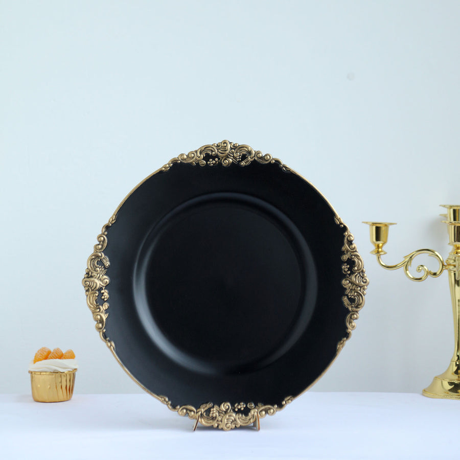 6 Pack | 13inch Matte Black Gold Embossed Baroque Round Charger Plates With Antique Design Rim