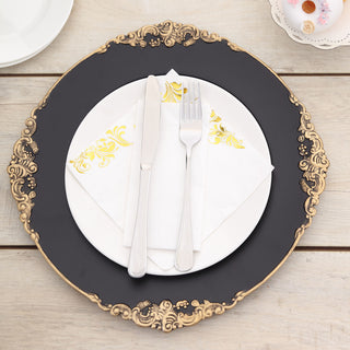 Elevate Your Table Setting with Matte Black Gold Embossed Baroque Round Charger Plates