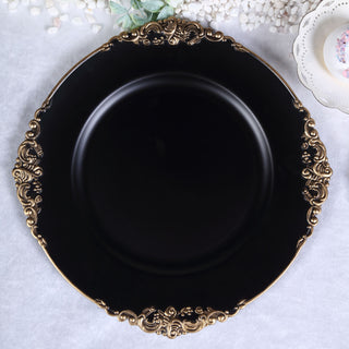 Add a Touch of Glamour with Matte Black Gold Embossed Baroque Round Charger Plates