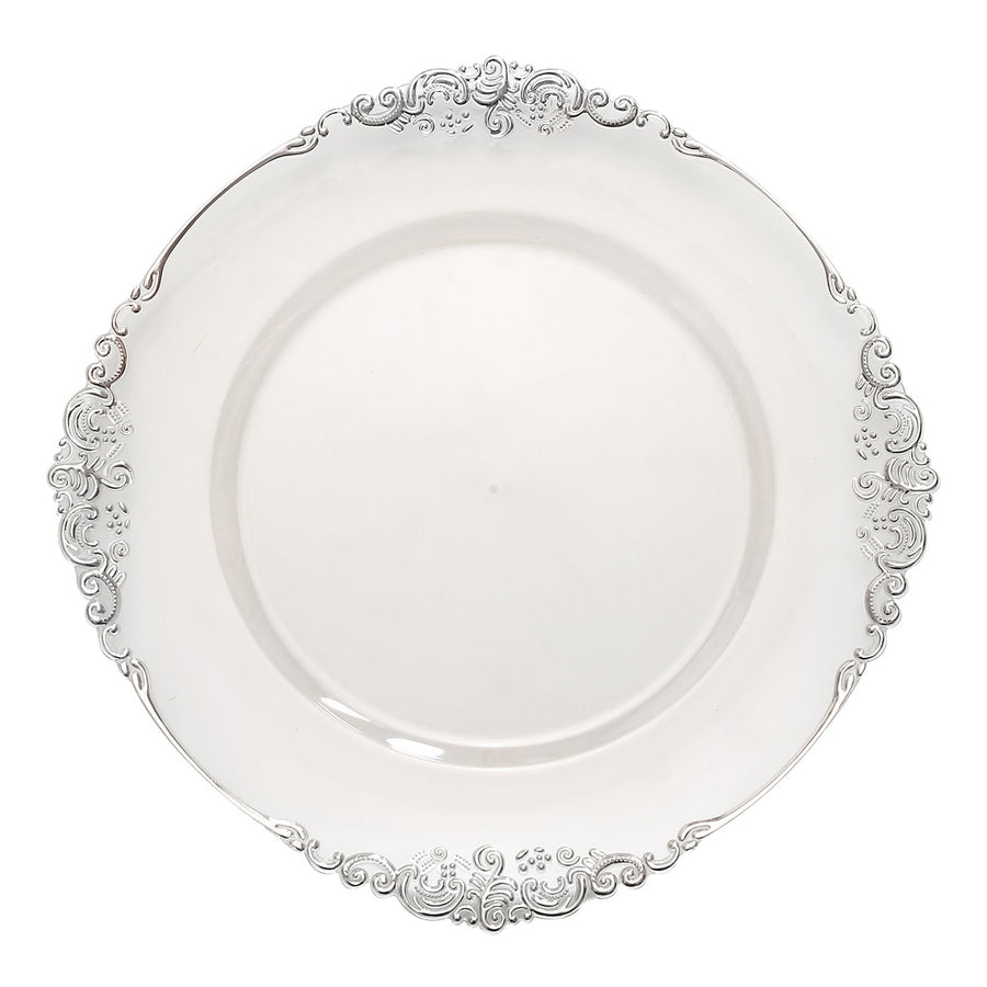 6 Pack | 13inch Clear Silver Embossed Baroque Round Charger Plates With Antique Design Rim#whtbkgd