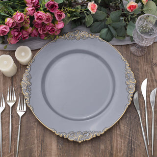 Charcoal Gray Gold Embossed Baroque Round Charger Plates