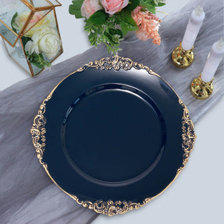 Elevate Your Table Decor with Navy Blue Gold Embossed Baroque Round Charger Plates