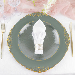 Add Elegance to Your Table with Olive Green Gold Embossed Baroque Round Charger Plates