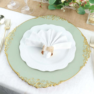 Elegant dinner plate setting with gold accents and a white napkin holder.