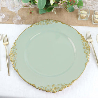 Elegant mint green plate with gold accents on a styled dining table.