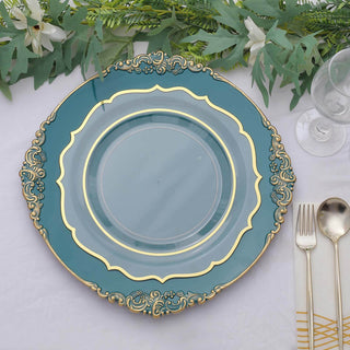 Create a Stunning Table Setting with Peacock Teal Gold Embossed Charger Plates Create a Stunning Table Setting with Peacock Teal Gold Embossed Charger Plates