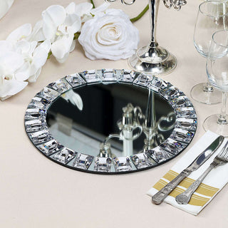 Add Elegance to Your Table with Silver Jeweled Rim Premium Glass Mirror Charger Plates Add Elegance to Your Table with Silver Jeweled Rim Premium Glass Mirror Charger Plates