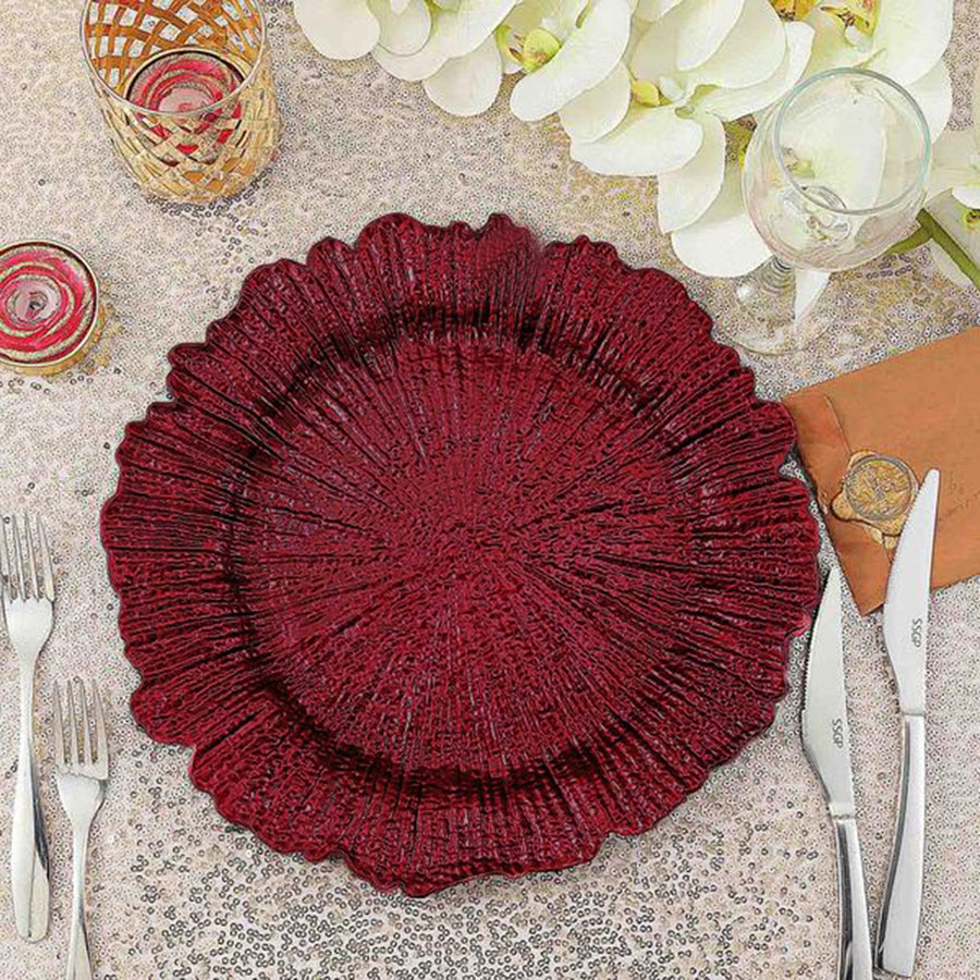 6 Pack | 13inch Burgundy Round Reef Acrylic Plastic Charger Plates, Dinner Charger Plates
