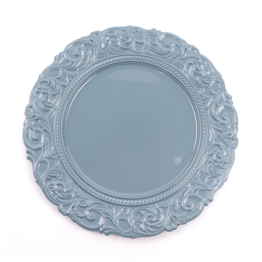 Dusty Blue Vintage Plastic Charger Plates Engraved Baroque Rim, Disposable Serving Trays#whtbkgd