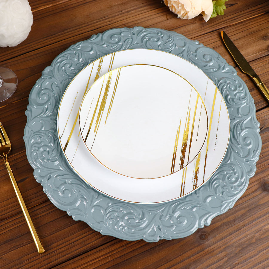 14Inch Dusty Blue Vintage Plastic Charger Plates Engraved Baroque Rim, Disposable Serving Trays
