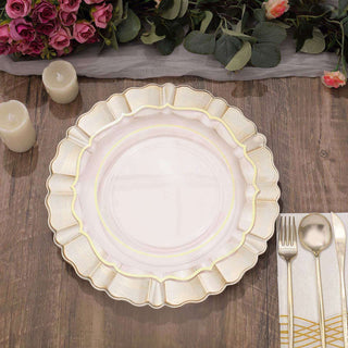 Elegant decorative plate with scalloped edges on wooden table