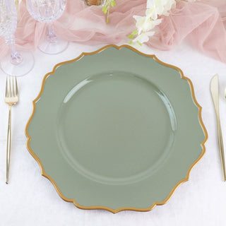 Dusty Sage Green and Gold Scalloped Rim Charger Plates for Weddings