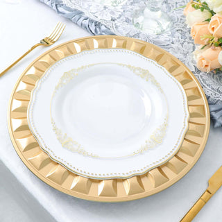Elegant gold-rimmed charger plate with a white decorative plate on top.
