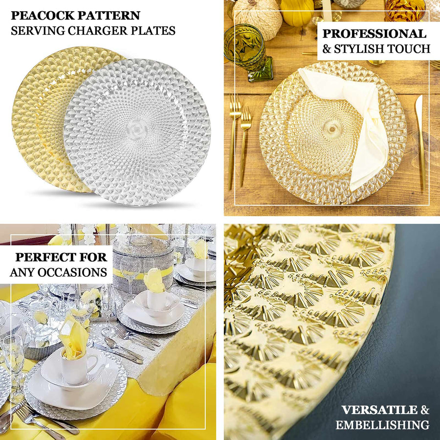 6 Pack | 13inch Silver Peacock Pattern Plastic Charger Plates, Round Disposable Serving Trays