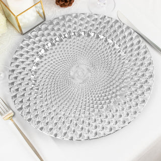 Elevate Your Event with Silver Peacock Pattern Plastic Charger Plates