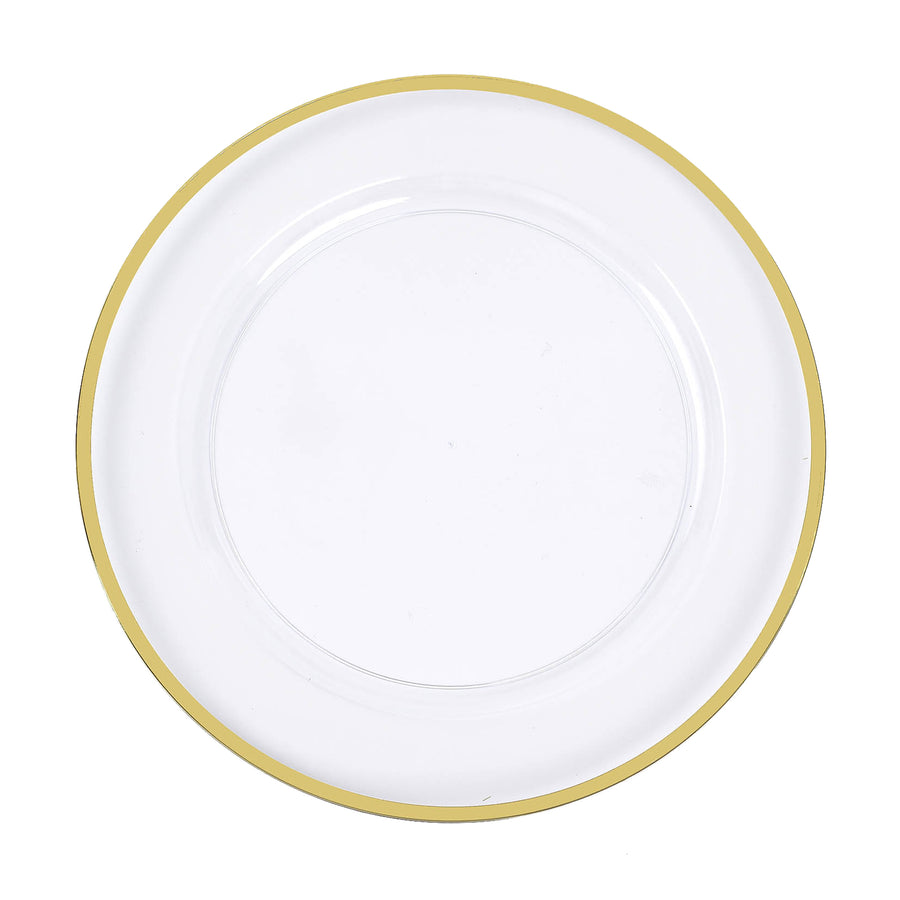 10 Pack Clear Economy Plastic Charger Plates With Gold Rim, 12inch Round Dinner Chargers#whtbkgd