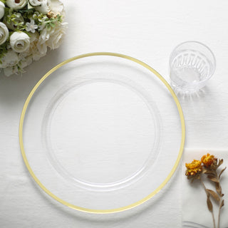 Add Elegance to Your Table with 12" Gold Rim Clear Heavy Duty Disposable Charger Plates