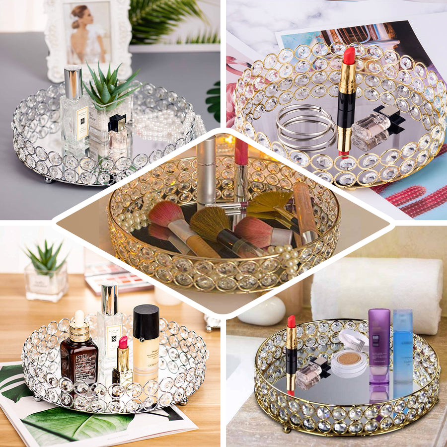 Gold Metal Crystal Beaded Mirror Oval Vanity Serving Tray, Decorative Tray Medium 14x10inch
