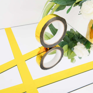 Yellow reflective tape on a mirror surface with floral decor.