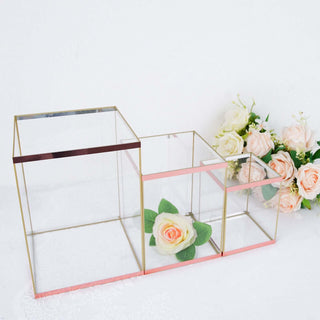 Stylish glass display boxes with gold accents and artificial roses