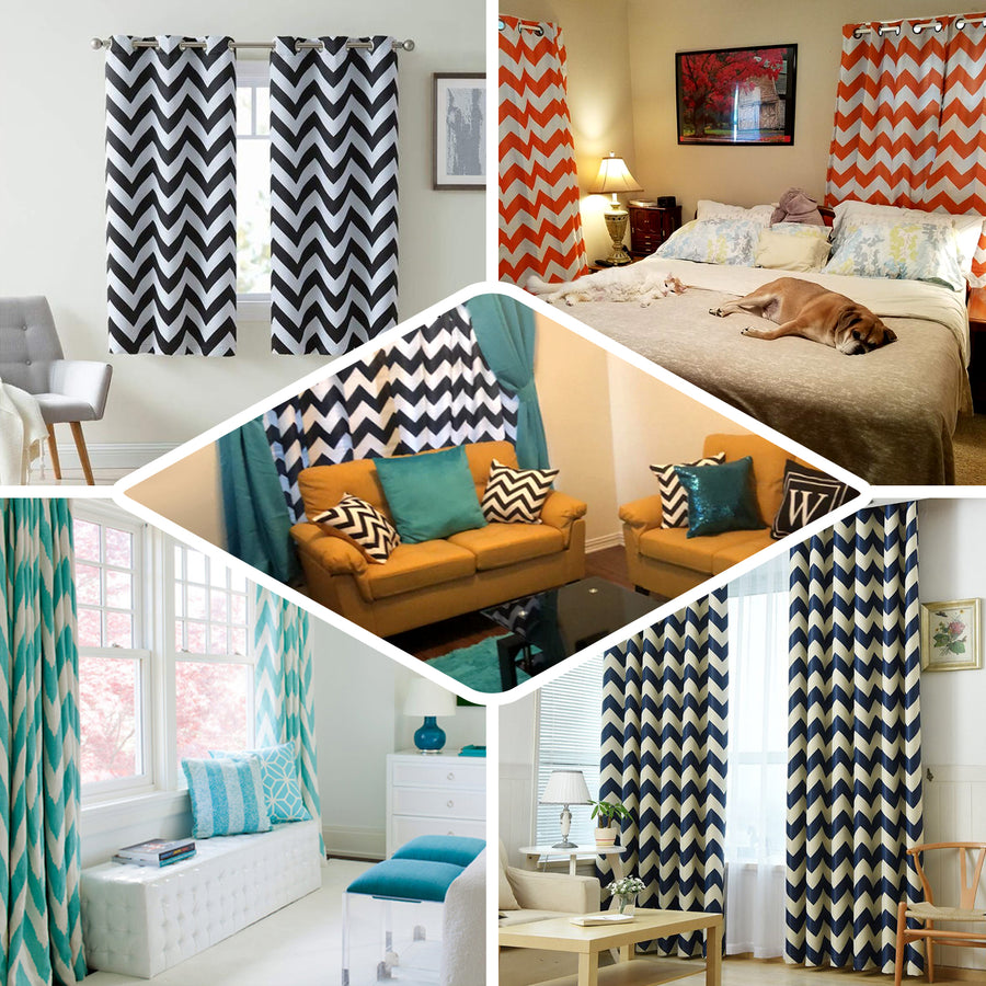 White/Mint Chevron Design Thermal Blackout Soundproof Curtains With Chrome Window Treatment Panels